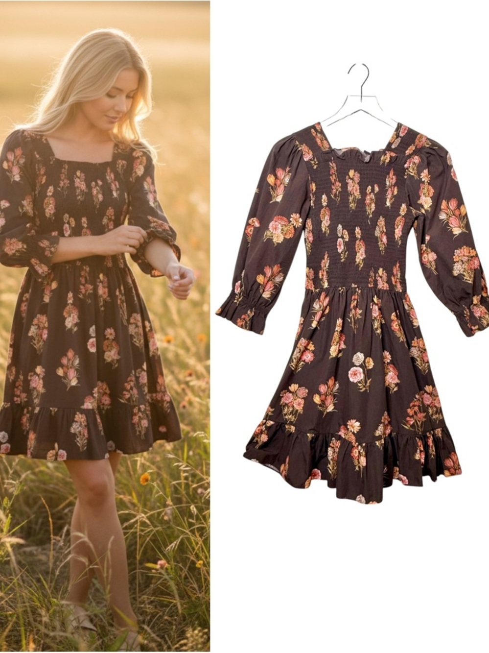 ELIYAS The Label Brown Floral Boho Milkmaid Women’s Cotton Surplice Dress Sz XS